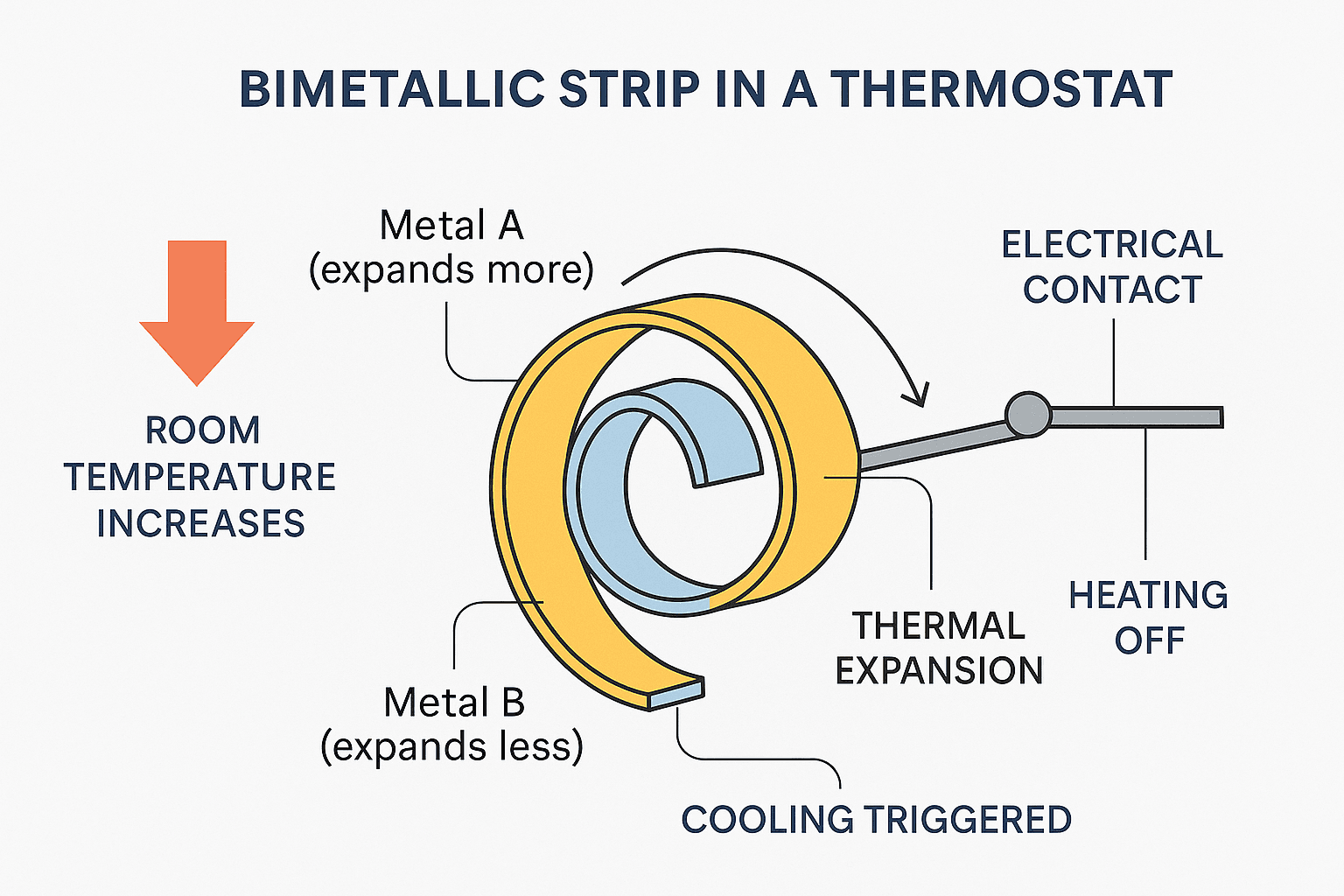Diagram showing how a bimetallic strip in a thermostat works.