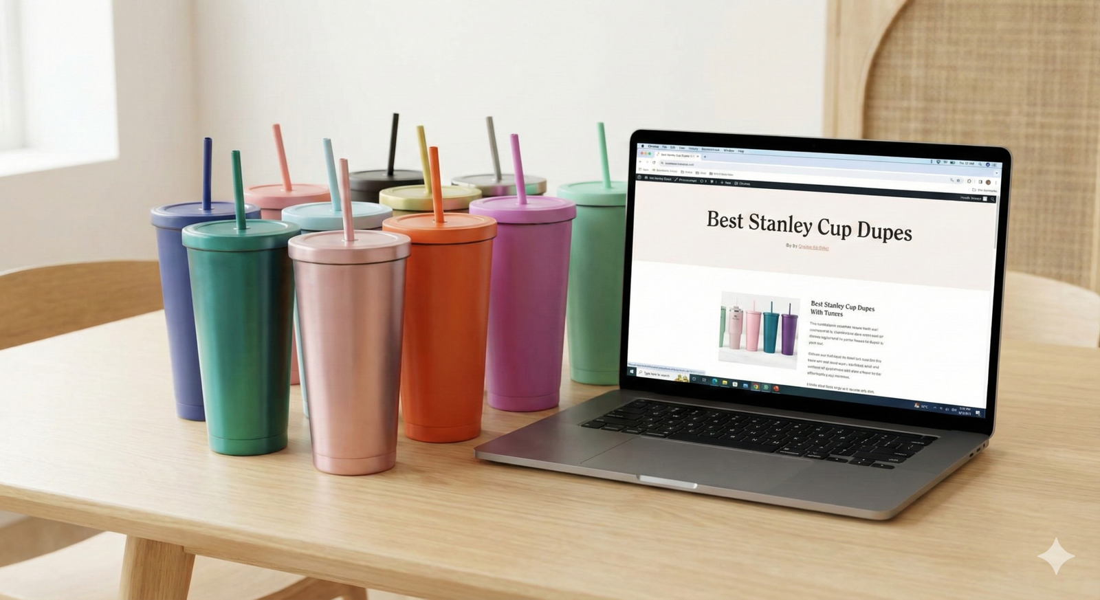 Collection of colorful insulated tumblers and cups lined up on a kitchen counter