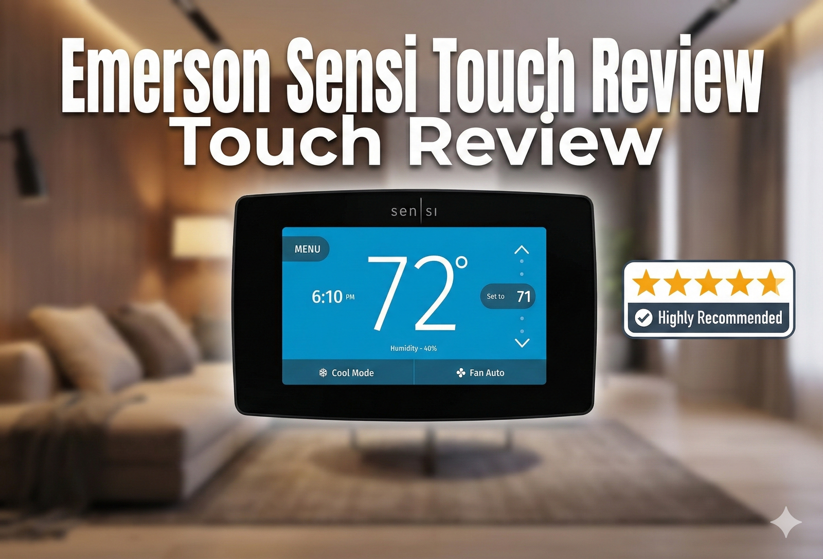 Emerson Sensi Touch Smart Thermostat displaying 72 degrees on a modern wall