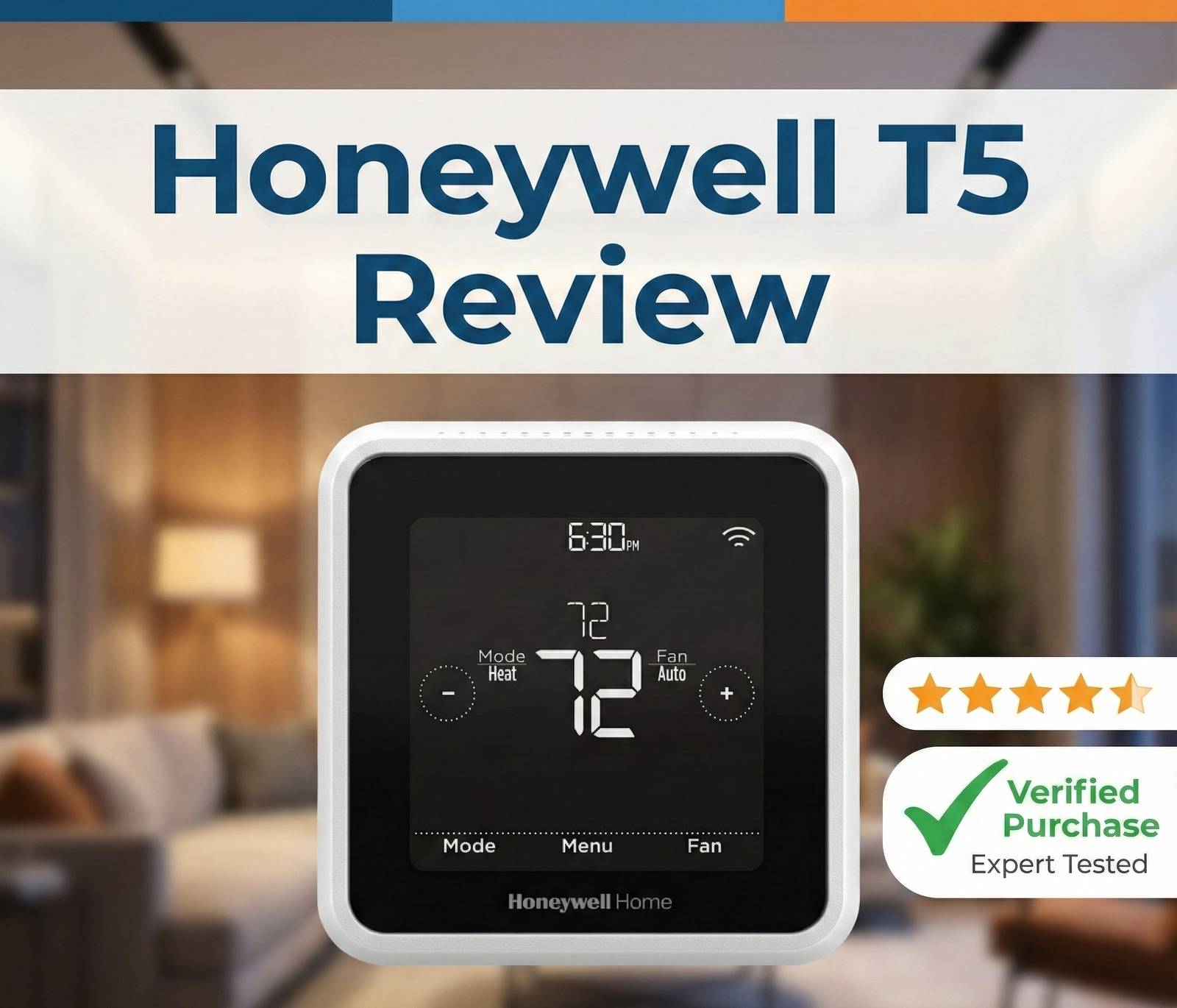 Honeywell Home T5 Smart Thermostat black square design on wall