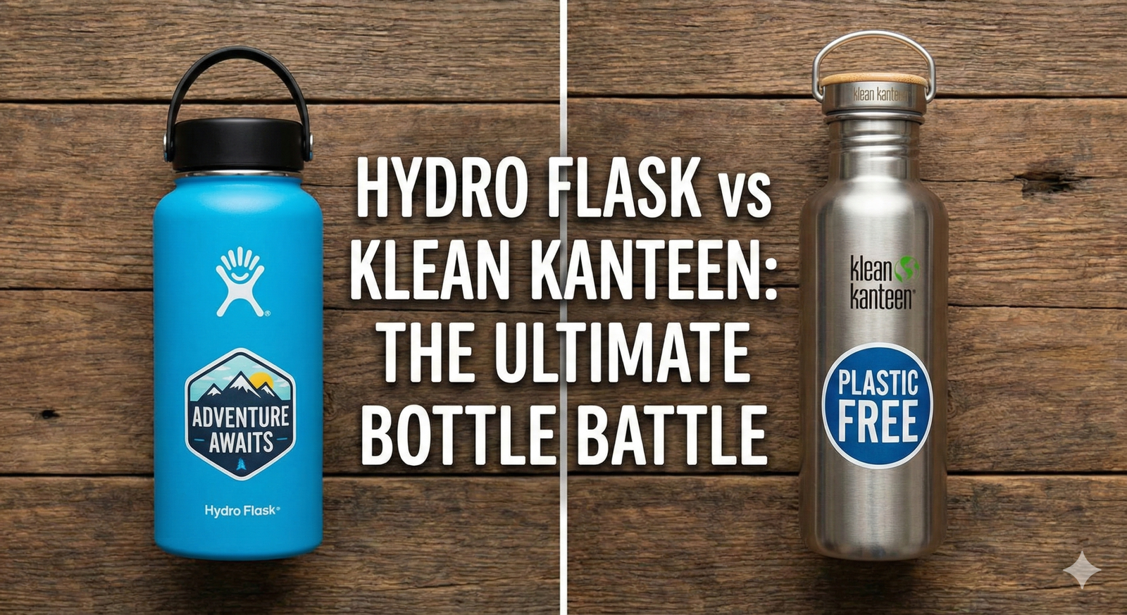 Hydro Flask and Klean Kanteen bottles side by side on a hiking trail