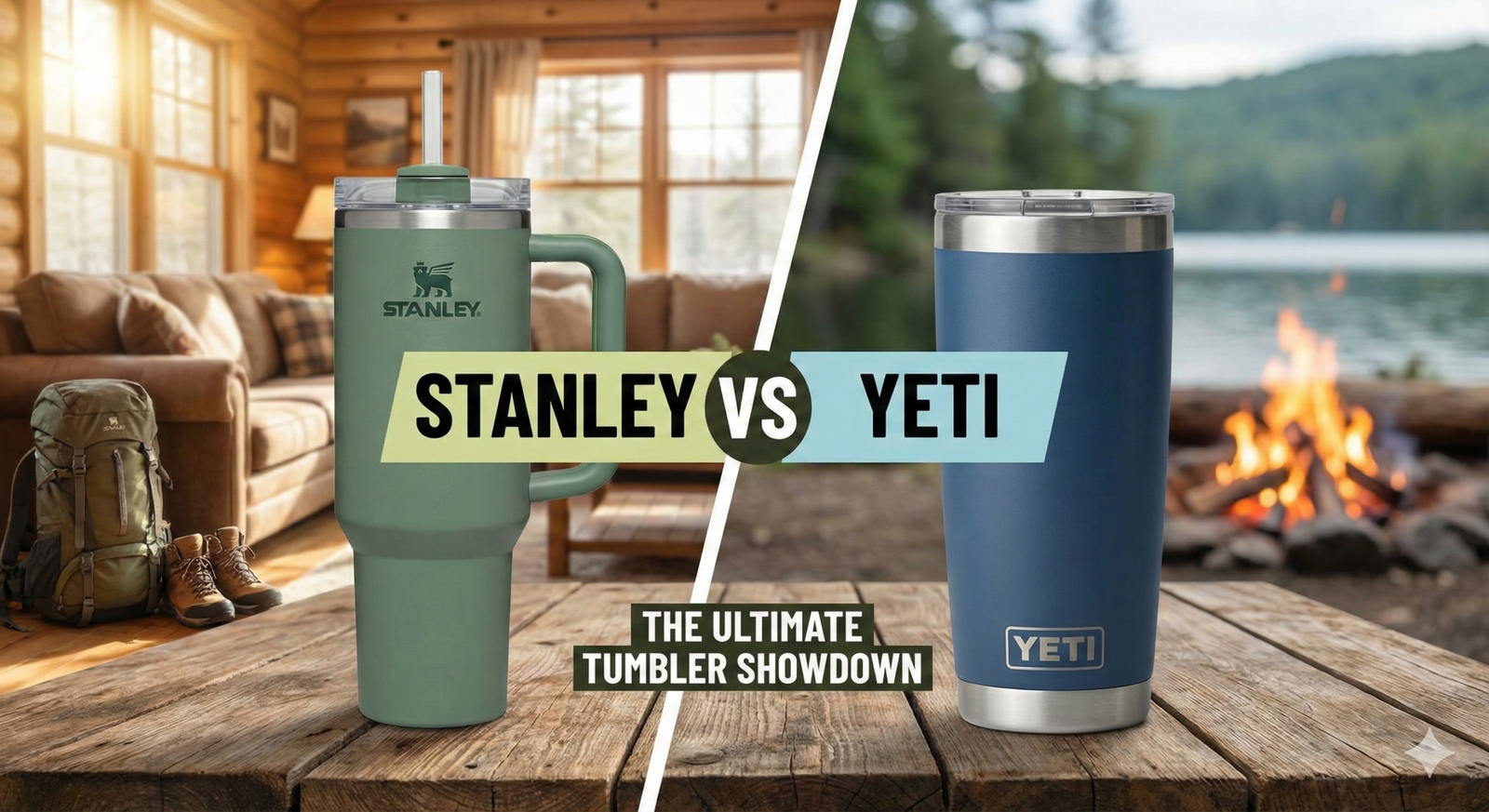 Stanley Quencher and Yeti Rambler tumblers sitting side by side on a table