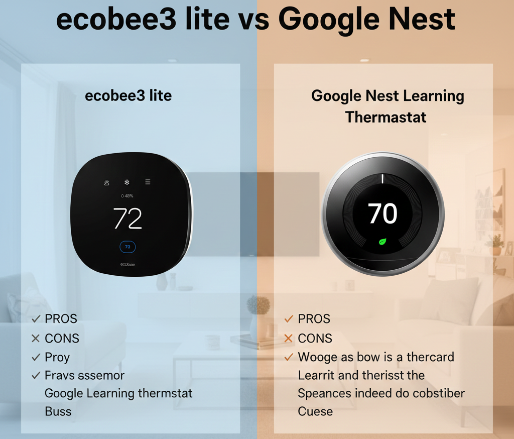 Split screen of ecobee3 Lite and Google Nest Thermostat on a wall