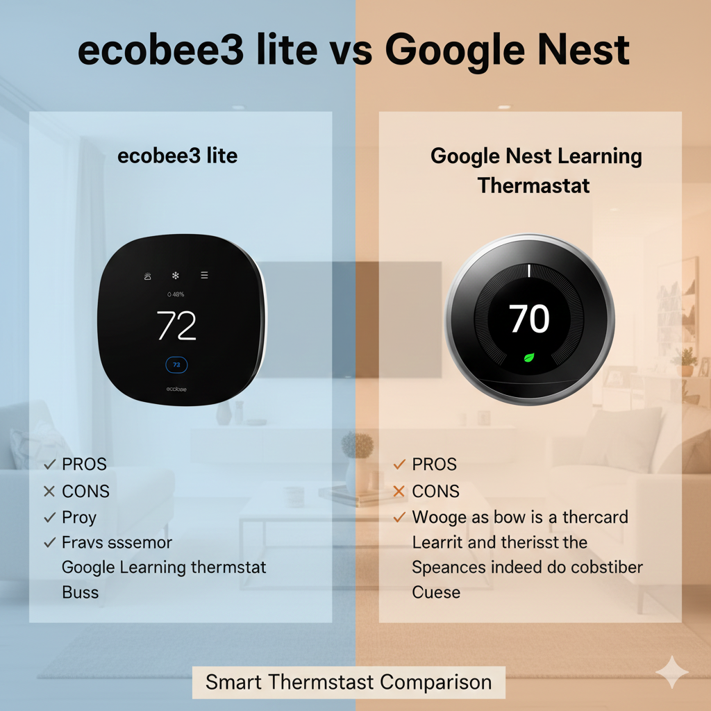 Split screen of ecobee3 Lite and Google Nest Thermostat on a wall