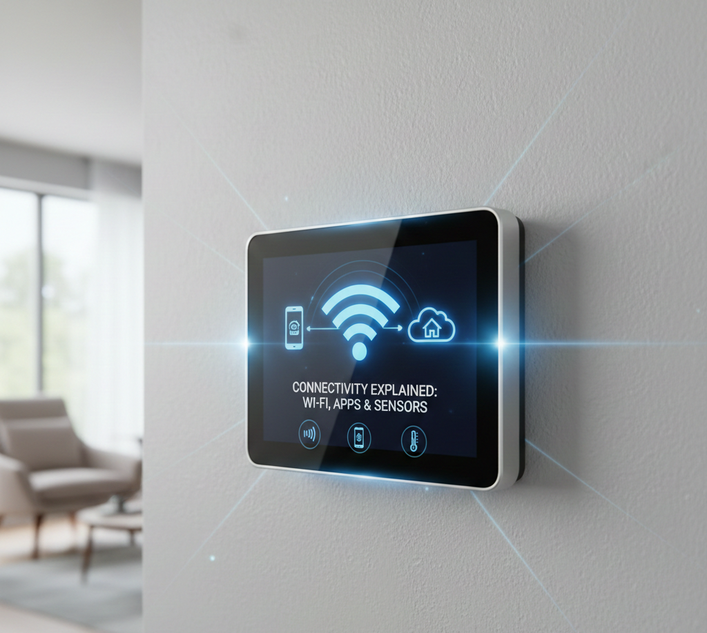 Diagram showing data flow between smart thermostat, wifi router, cloud server, and mobile app