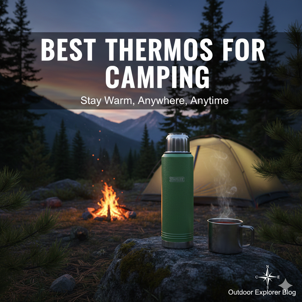 Camping thermos sitting on a rock near a tent