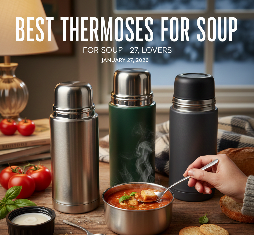 Steaming hot soup in a stainless steel thermos food jar