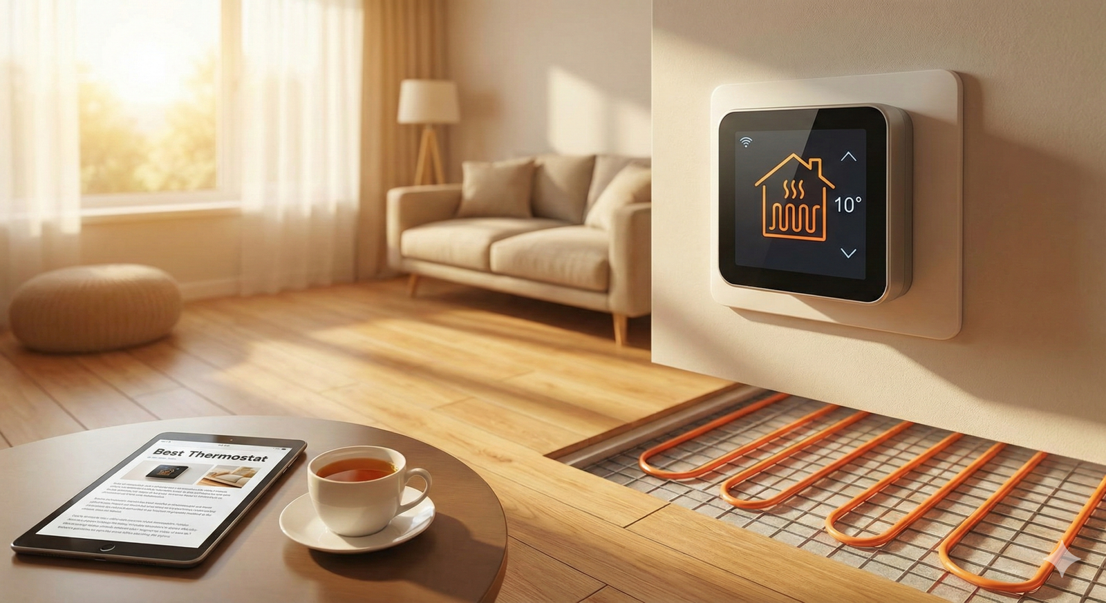 Modern living room with radiant heated floors