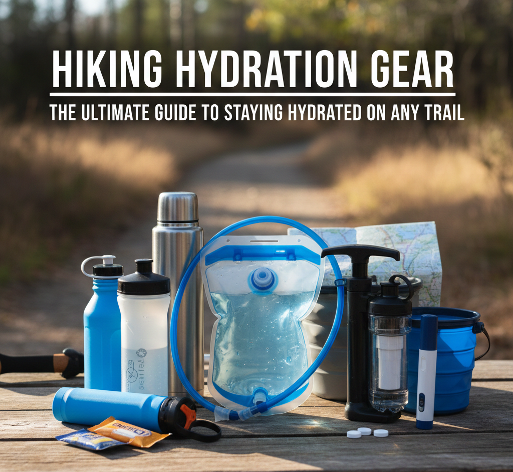 Hiker drinking from a hydration bladder tube while on a scenic mountain trail