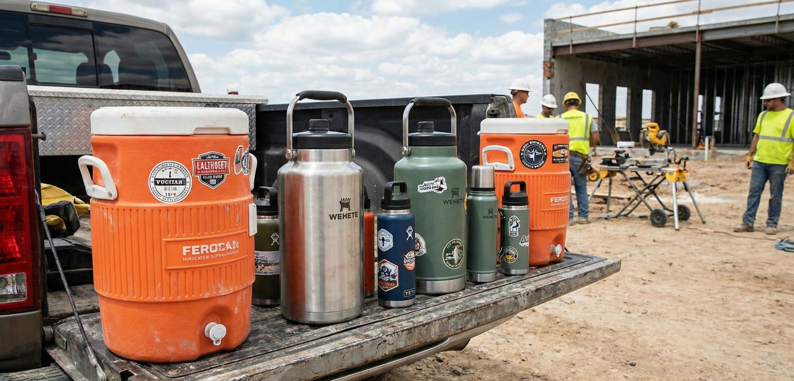 Large insulated water jugs and bottles on a worksite tailgate