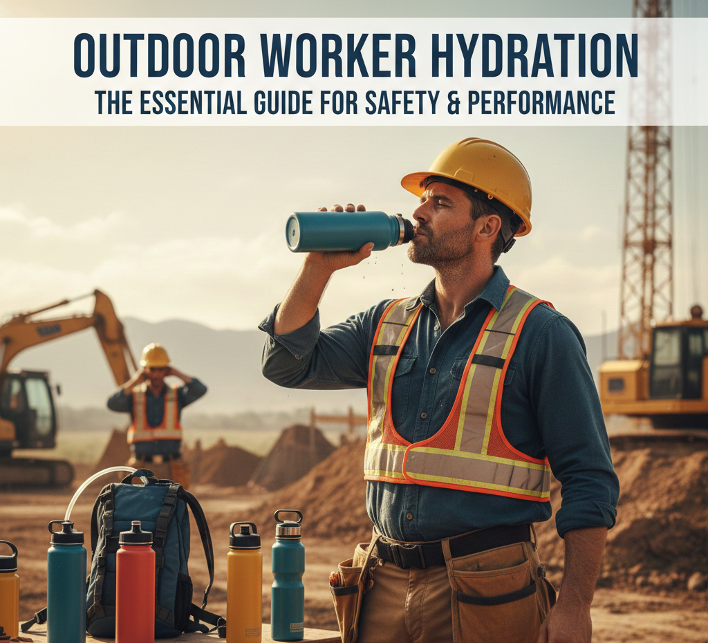 Construction worker drinking from a large insulated water bottle on a worksite