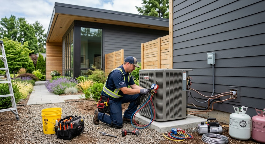 HVAC technician installing a central air conditioning unit outside a modern home