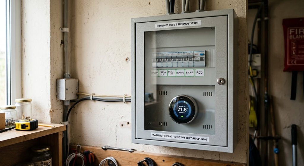 Combined fuse box thermostat cabinet