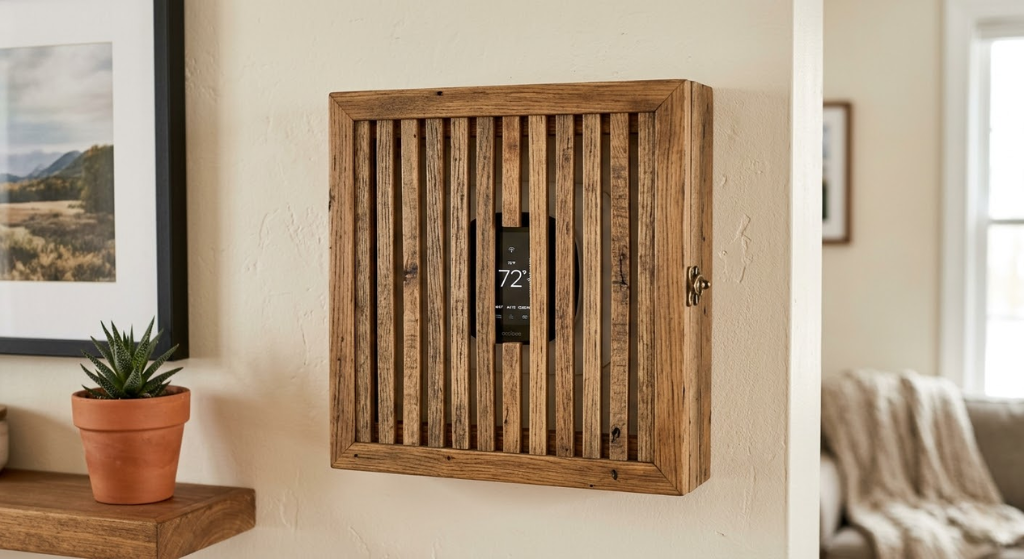 DIY reclaimed wood slat thermostat box