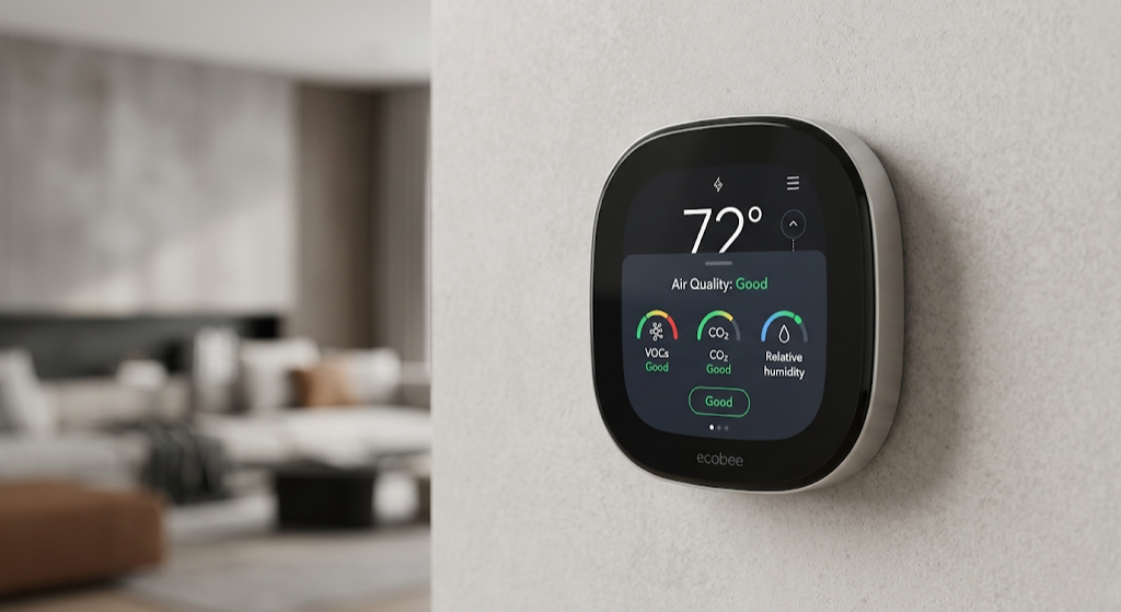 Ecobee Smart Thermostat Premium mounted on a modern wall displaying air quality data