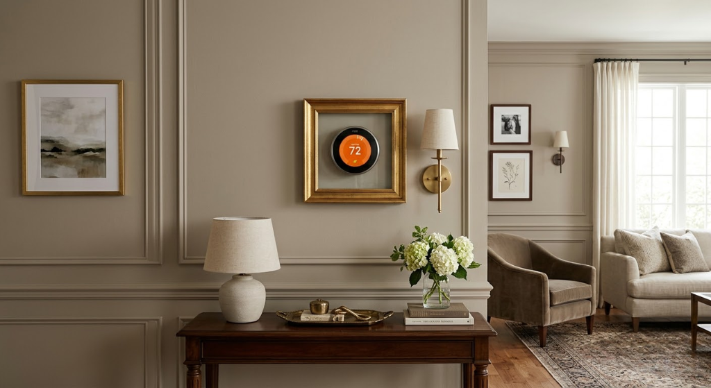 Elegant living room wall with framed thermostat cover