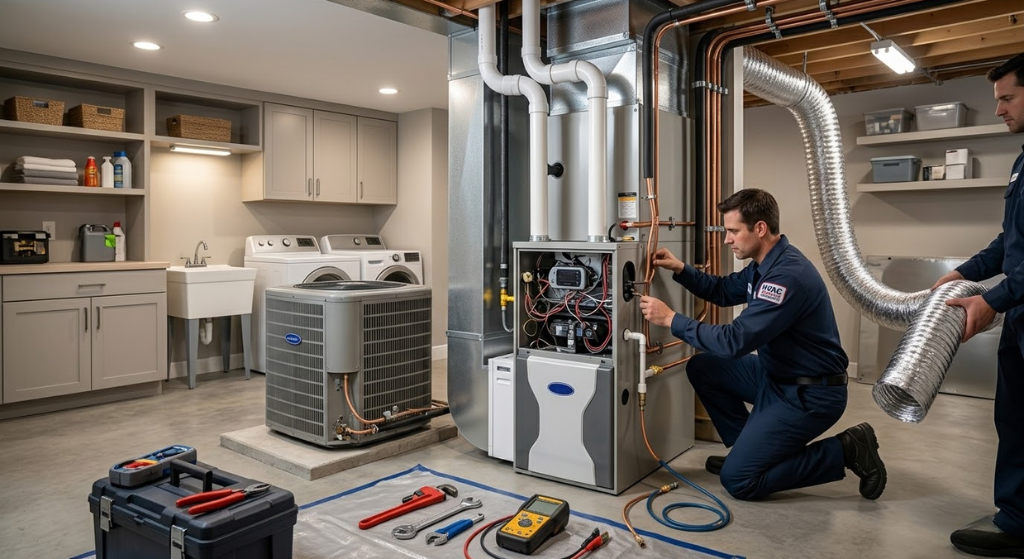 Modern high-efficiency furnace being installed in a home basement