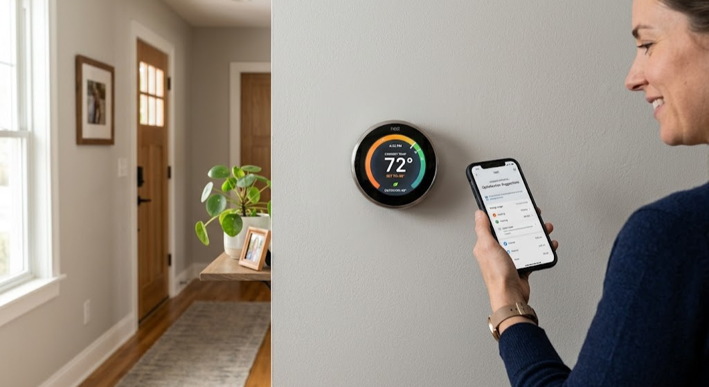 Smart thermostat on wall showing upgrade potential