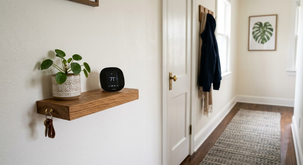Mini floating shelf thermostat hallway