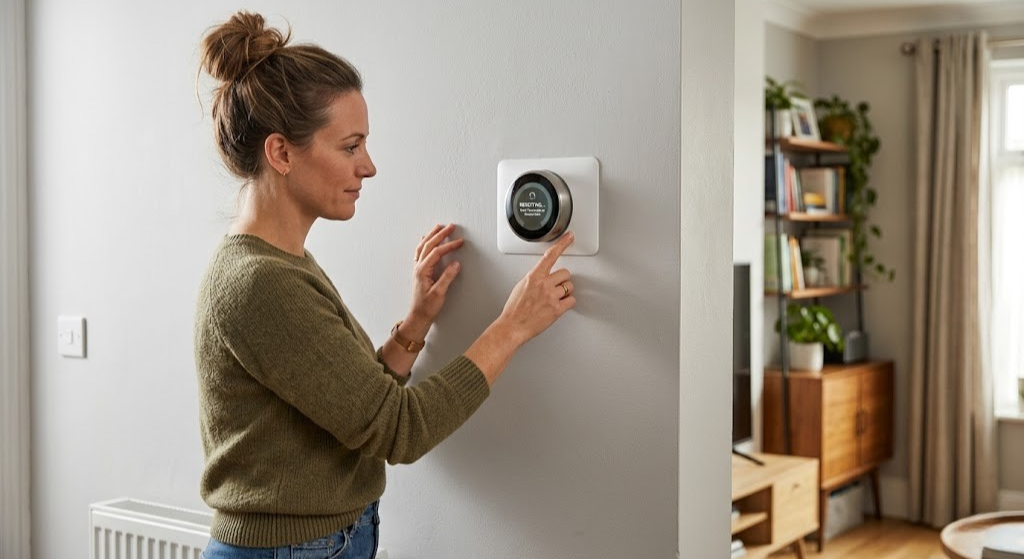 Smart thermostat on wall being reset by homeowner