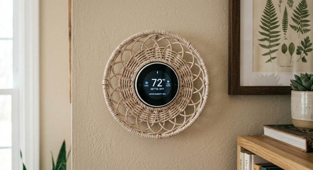 Whitewashed rattan basket thermostat