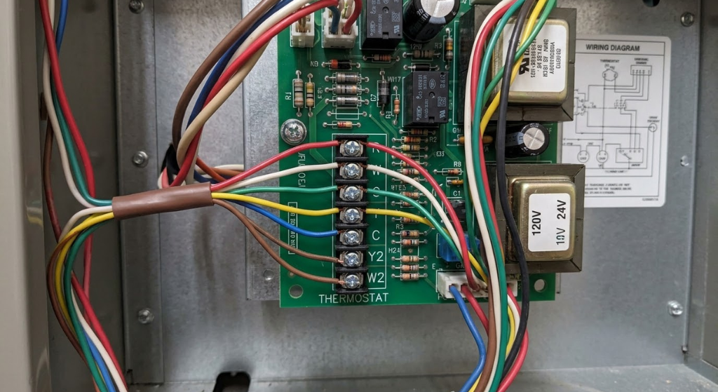 Thermostat wiring on a furnace control board
