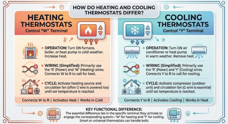 how do heating and cooling thermostats differ