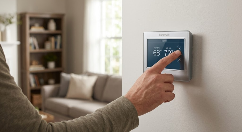 Person adjusting a Honeywell thermostat on a wall to change the temperature