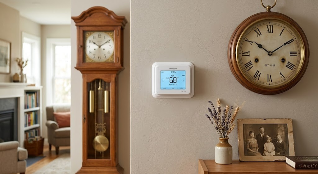 Honeywell thermostat on a wall with a clock suggesting longevity and lifespan