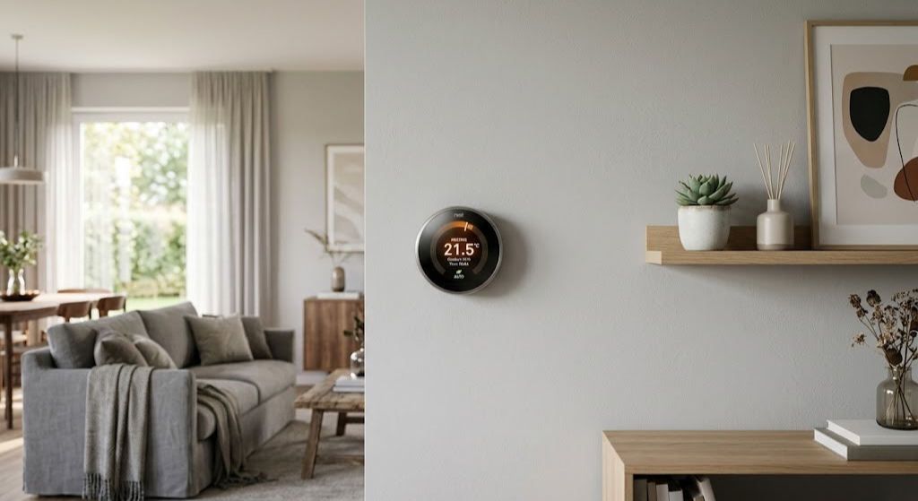 Smart thermostat on wall in modern home