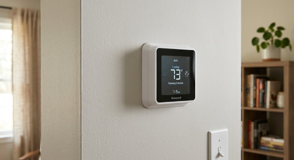 Honeywell thermostat on wall with no reset button visible