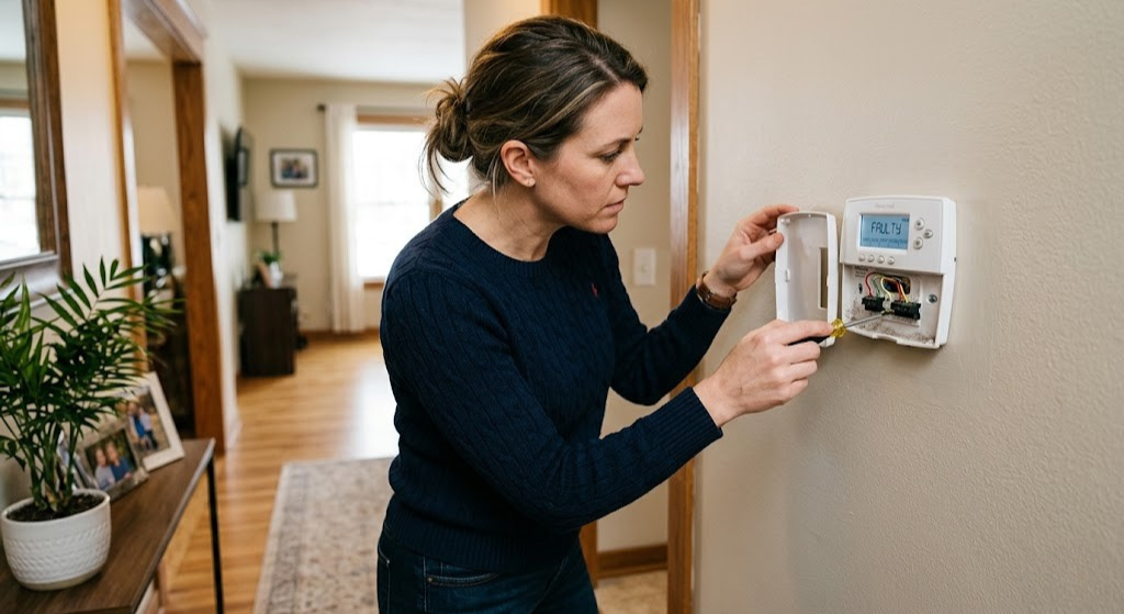 Homeowner inspecting a thermostat on the wall to diagnose if it is bad or faulty