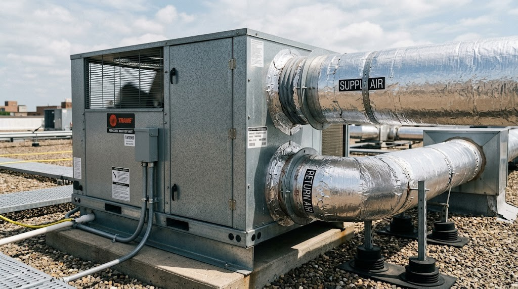 Close-up of a packaged rooftop HVAC unit with ductwork connections