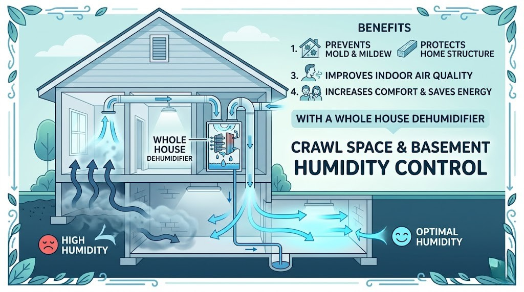 Crawl space and basement humidity control with a whole house dehumidifier