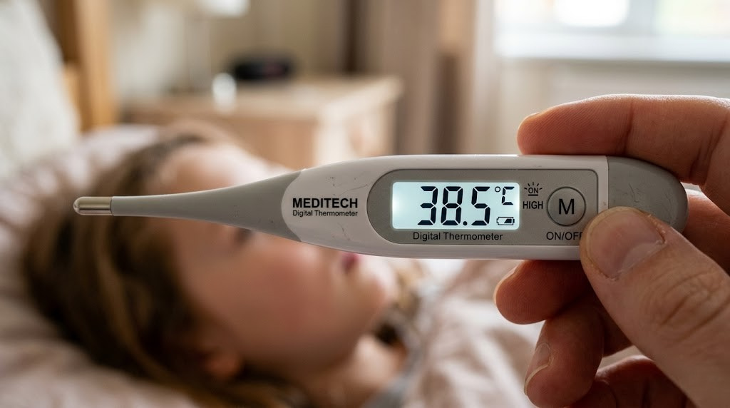 Digital thermometers on a clinical background