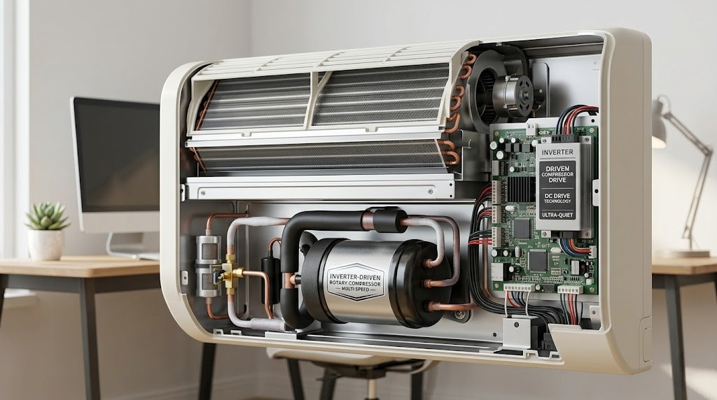 Inverter-driven compressor unit inside a modern mini-split air conditioner