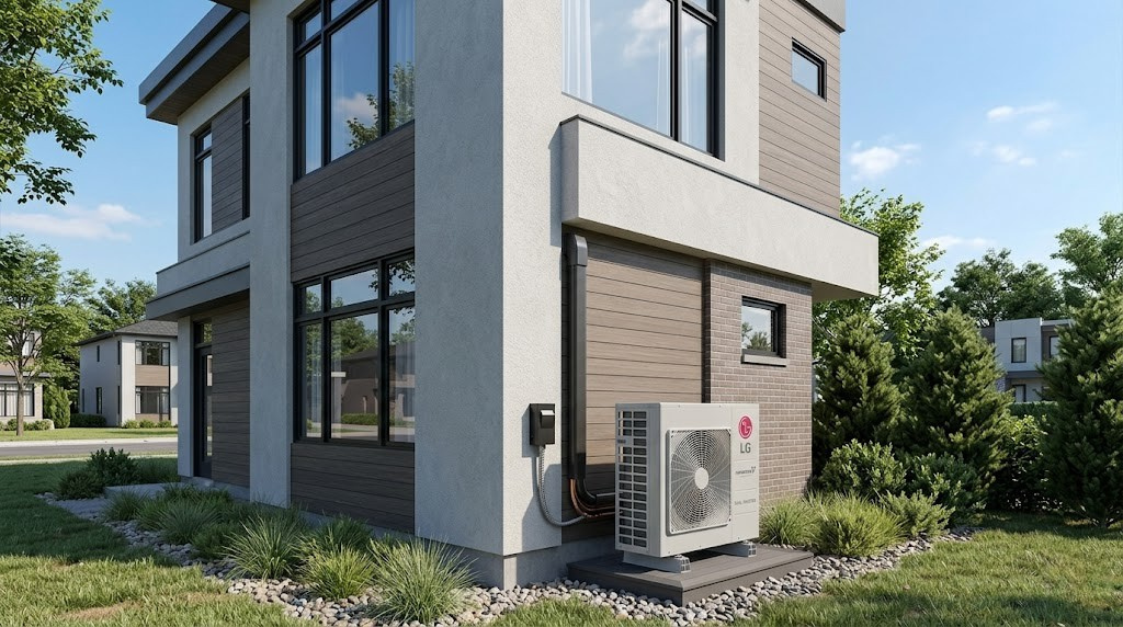 Modern inverter HVAC system installed on a building exterior