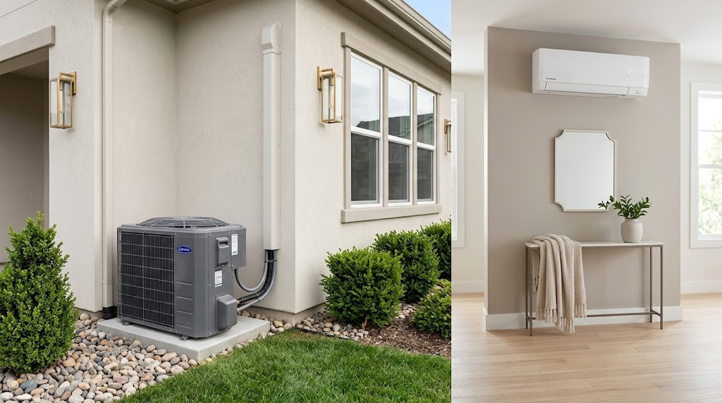 Modern split HVAC system with outdoor condenser unit installed next to a house and ductless indoor air handler