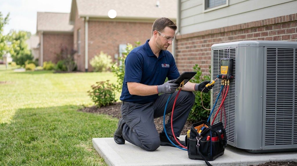 Technician inspecting the outdoor condenser unit of a residential split HVAC system