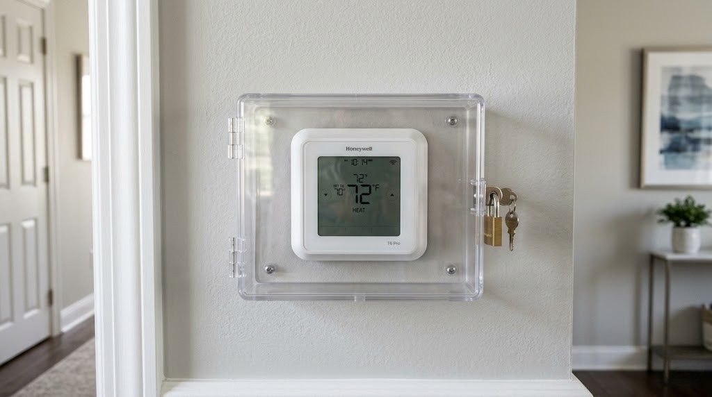 Thermostat mounted on wall with protective lock box cover
