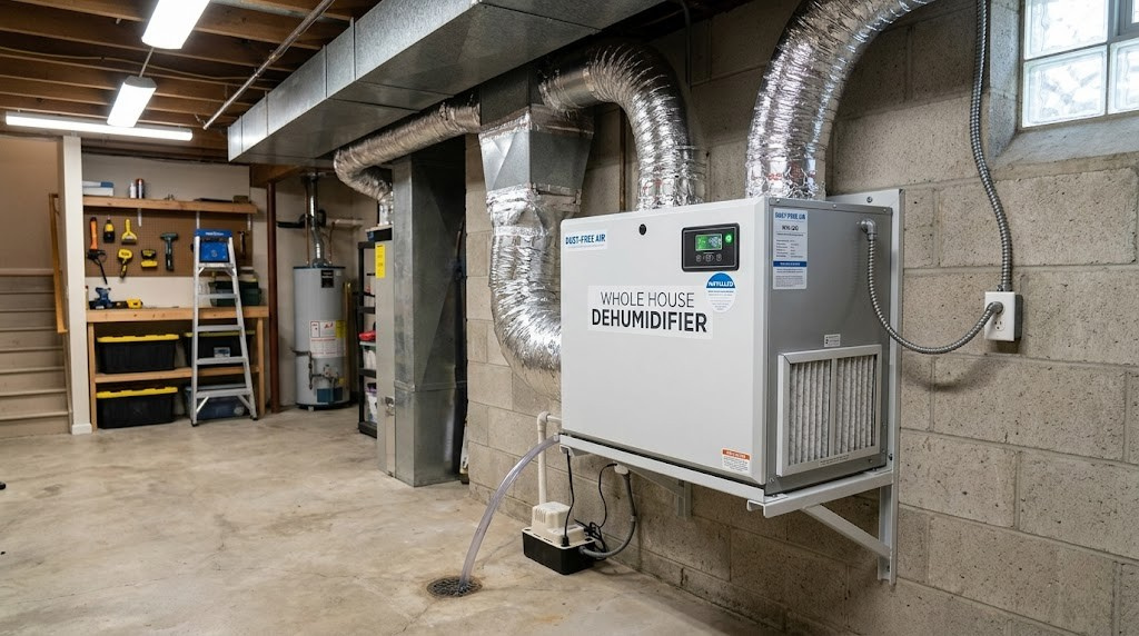 Whole house dehumidifier installed in basement
