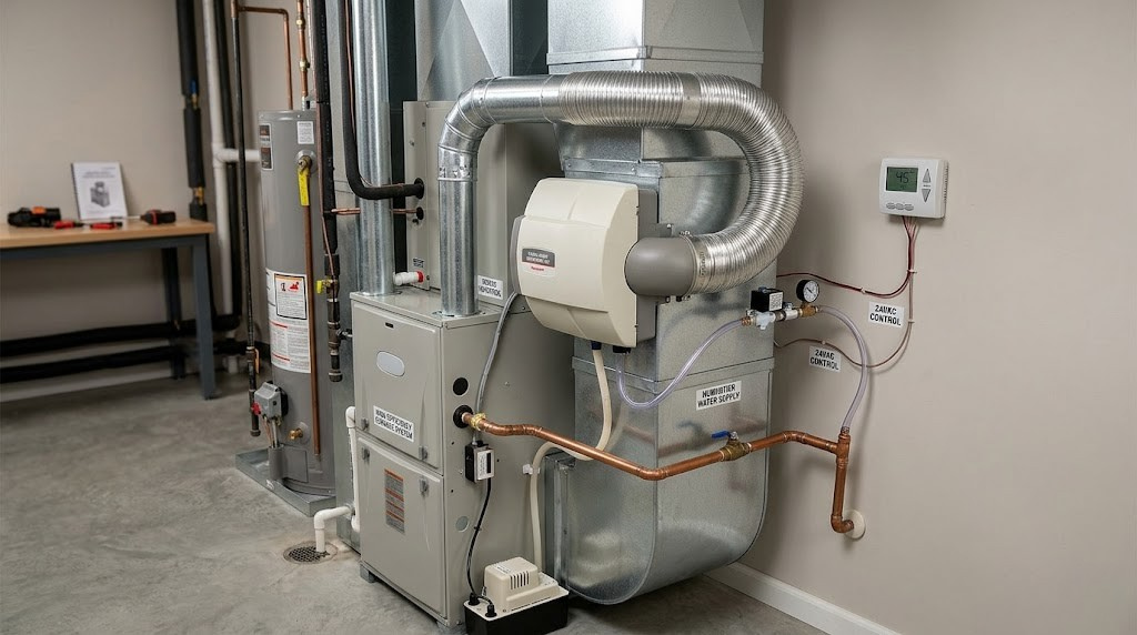 Whole house humidifier installed on HVAC furnace system