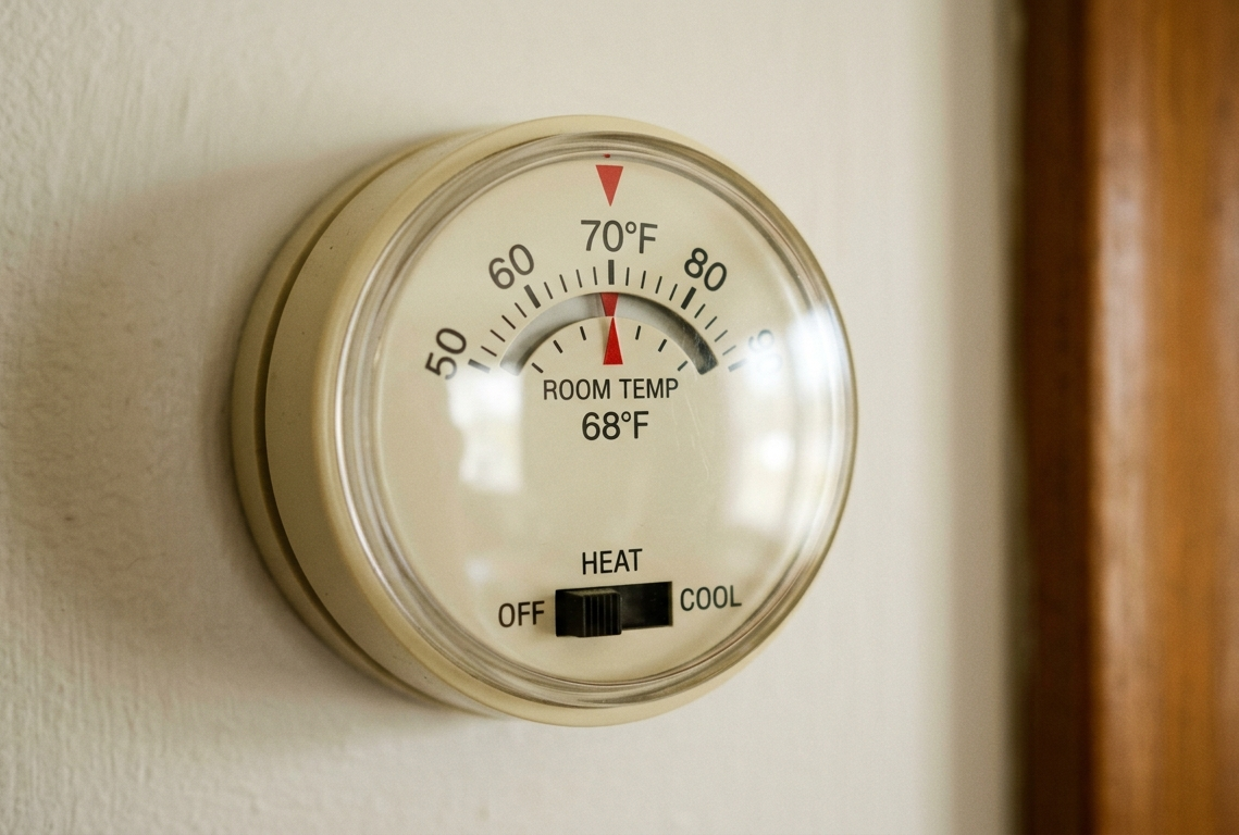 Analog thermostat dial annotated with pointer, temperature scale, and mode switch positions